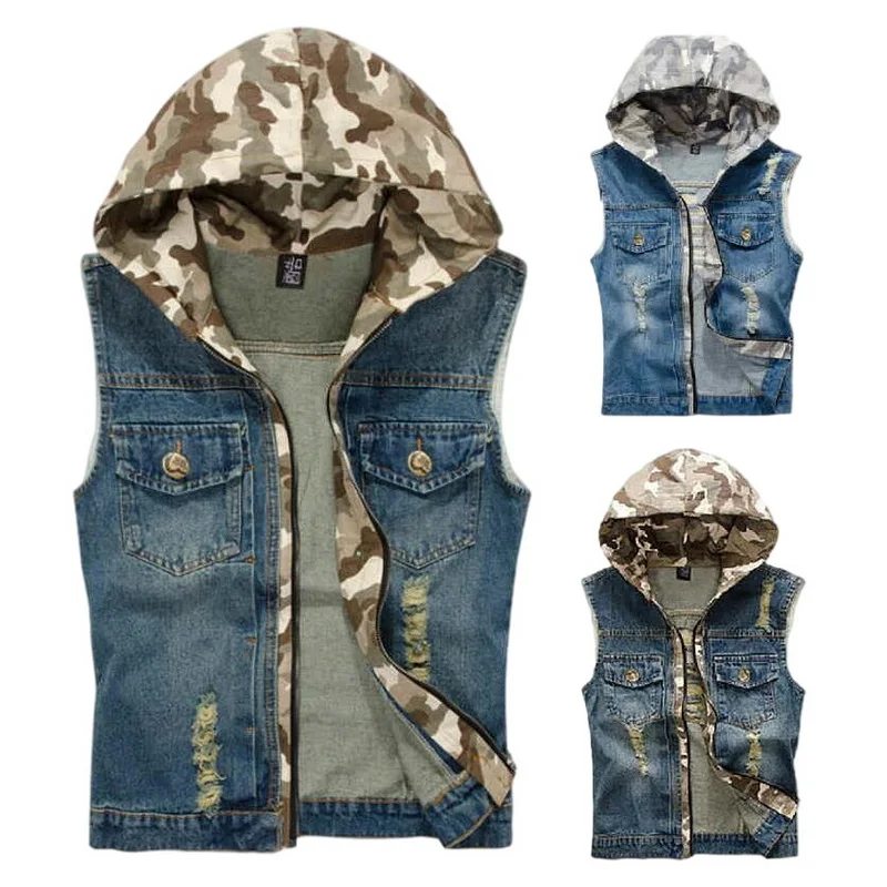 

Camouflage Hooded Denim Jacket Men's Cowboy Vests Hooded Denim Waistcoat Men's Denim Sleeveless Jacket Three Colors Available