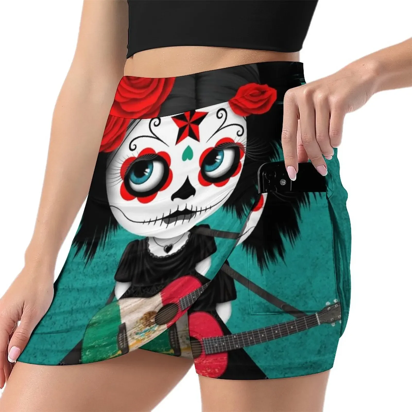 Sugar Skull Girl Playing Mexican Flag Guitar Mini Skirt dress mini skirt