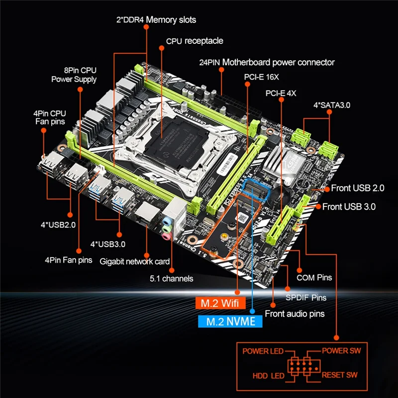 

X99-D4 Материнская плата DDR4 Поддержка LGA2011 V3/V4 NVME M.2/M.2 WIFI/PCI-E 4X Интерфейс PCI-E 16X Слот для видеокарты