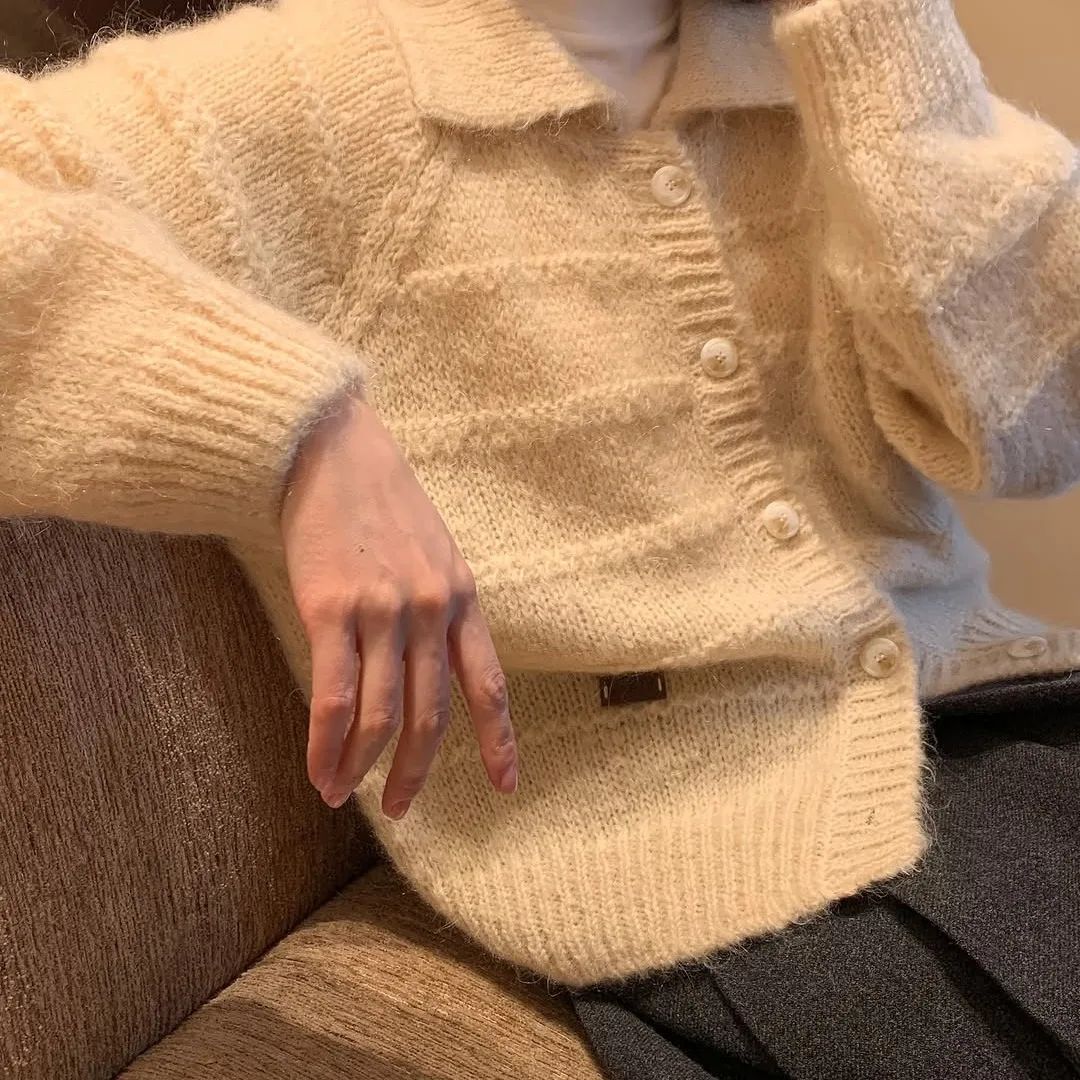 Elegant Korean Style Knitted Long Sleeve Hollow out Loose Fit Cashmere Coat Chic Collar Soft And Cozy Women's Sweater