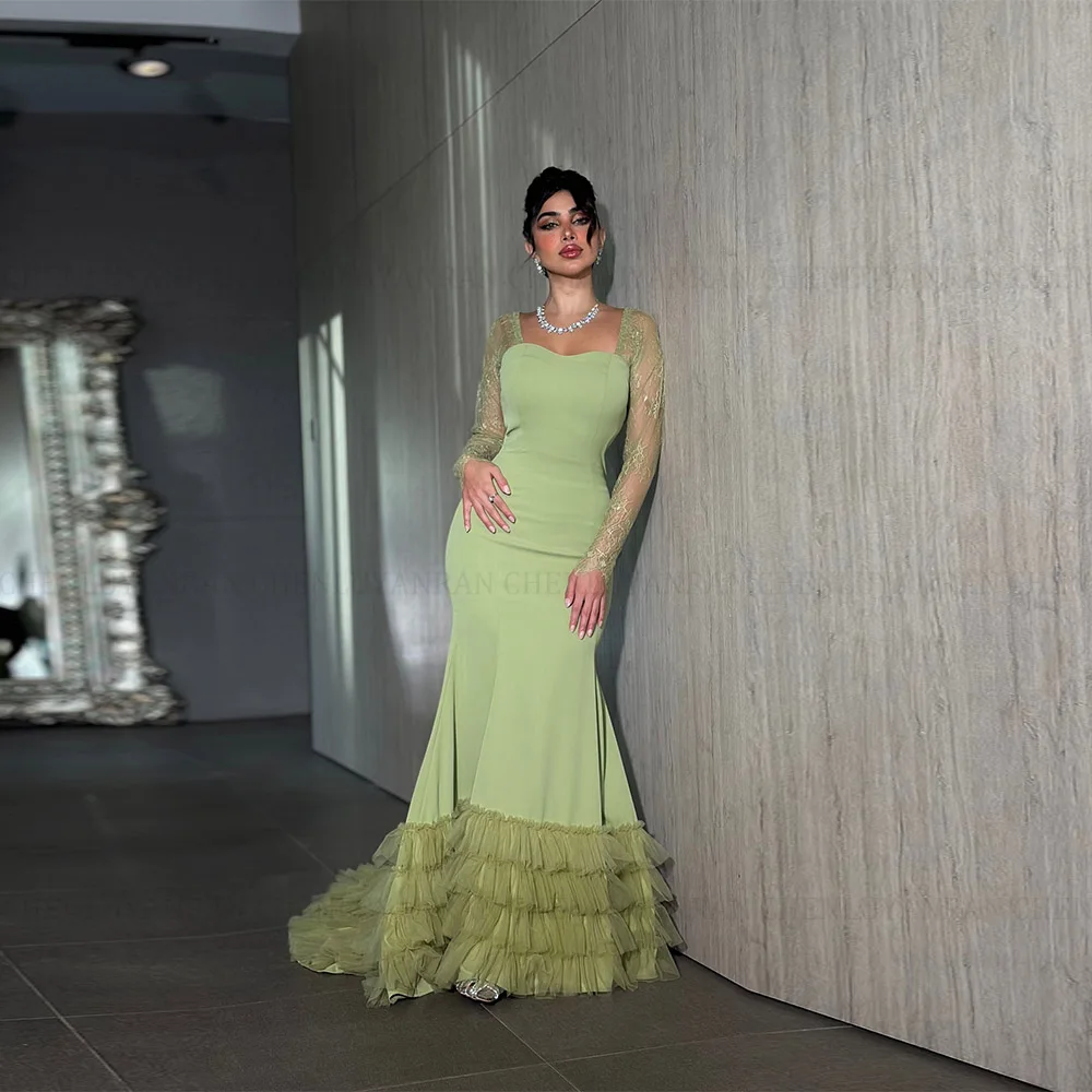 

MOLISA Customized Dubai Sage Green Prom Dress Gorgeous Square Neck Tulle Long Sleeve Lace Floor Length Saudi Arabia Bridal Gown
