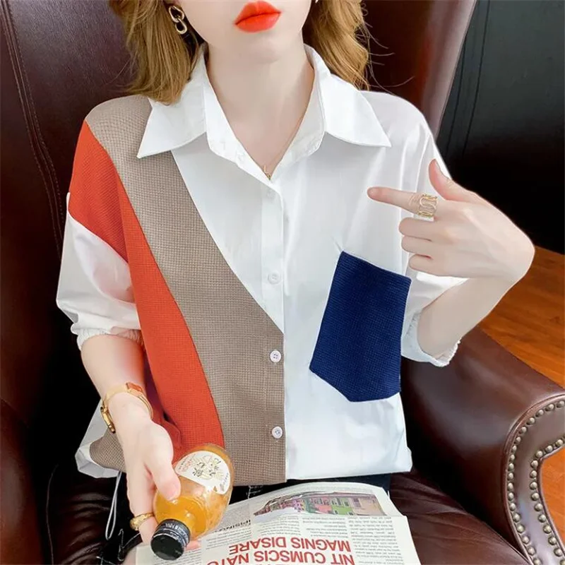 

Stitching Contrast Color Shirt Women Blouses Summer Half Sleeve Top For Women Polo collar Button Loose Chic Casual Female Shirt