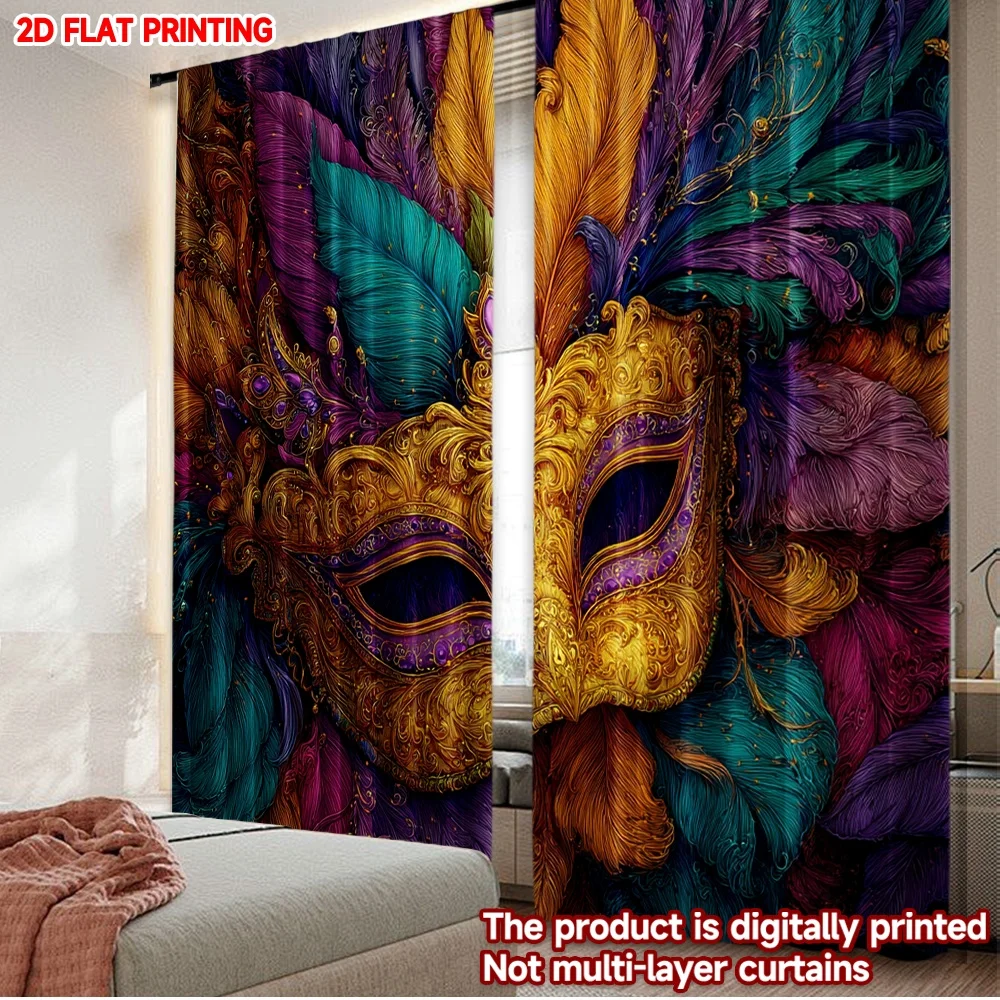 2D flat printing 2pcs Curtain Window Curtains Carnival Mask with Feathers Digital Printed Polyester Drapes Party Decorations Use