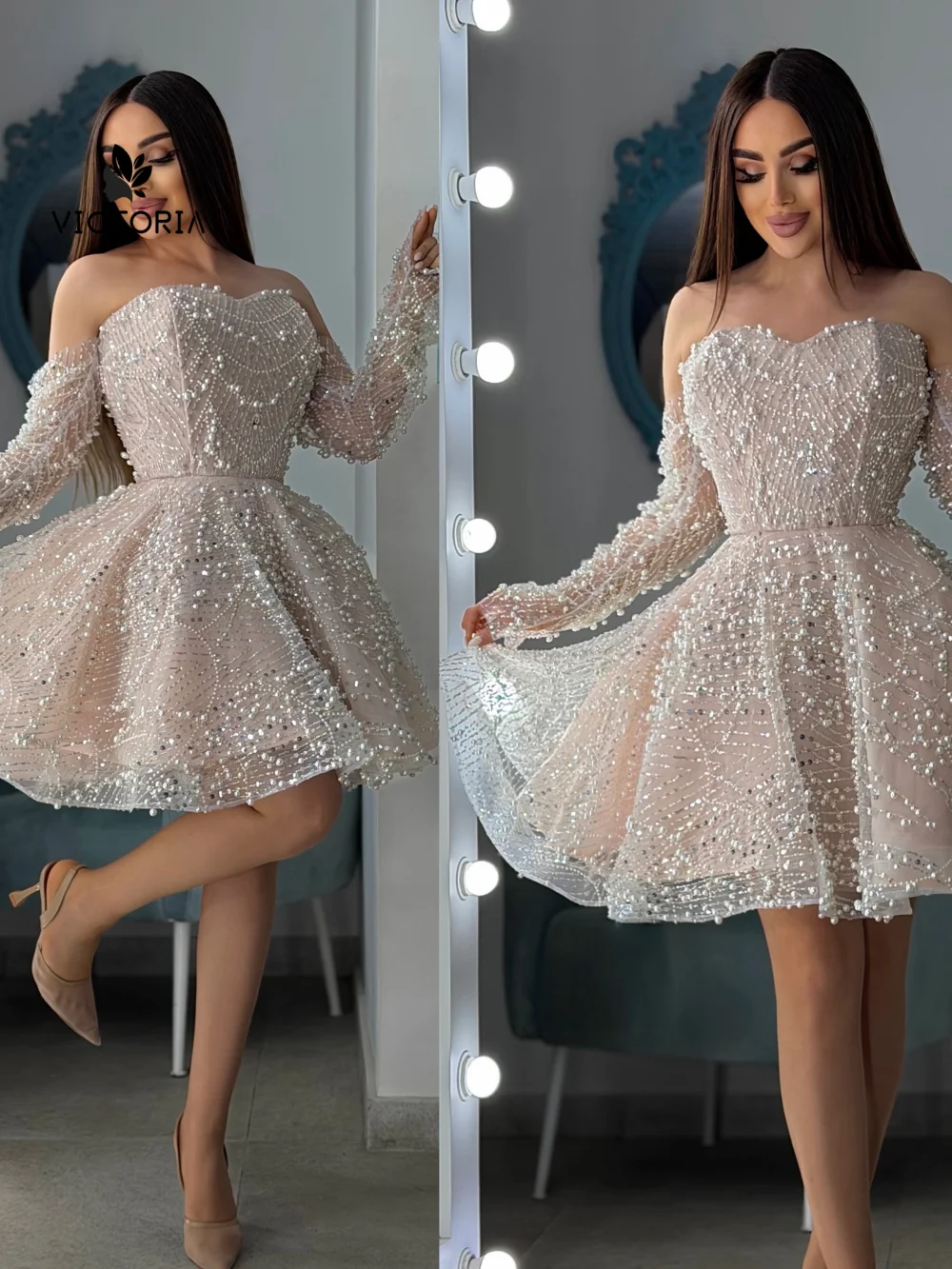 

Luxury Beading Nude Short Prom Dress Ball Gown Birthday Outfits Homecoming Cocktail Dress Mezuniyet Balo Elbiseleri Customized