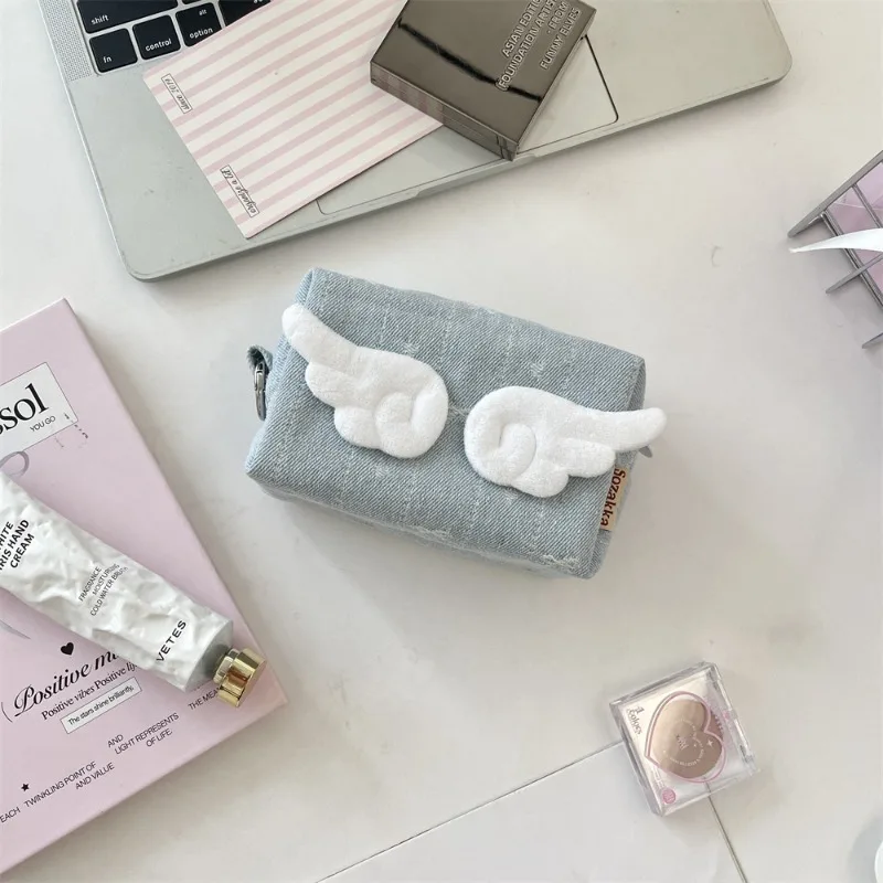 귀여운 천사 한국 날개 별 데님 동전 지갑 2025 빈티지 블루 미니 핸드백 학생 휴대용 화장품 주최자 지갑