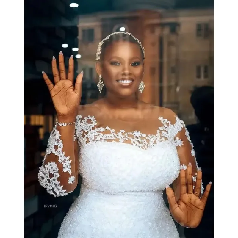 تخصيص شير جوهرة الرقبة حجم كبير حورية البحر مطرز كريستال 2025 فستان الزفاف الدانتيل الأفريقي زين كم طويل فستان زفاف