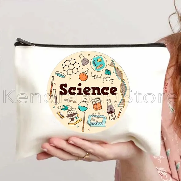 Science School Student Teacher Gift Biology Chemistry Physics Scientist Canvas Cosmetic Bag Makeup Cotton Bag Pencil Case Pouch