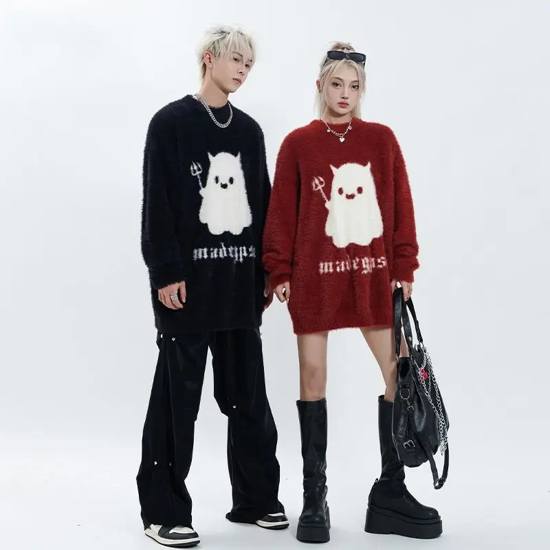 Men Women Couples Fall Winter Tops Sweaters Knitwear Cartoon Crew Neck Loose Fit New Arrivals Minimalist Comfortable Fashionable