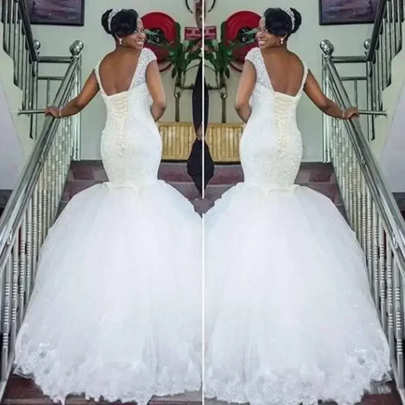 Personalizado plus size branco sereia casamento sparking beading boné mangas espartilho renda vintage sexy vestidos de noiva para country weddin