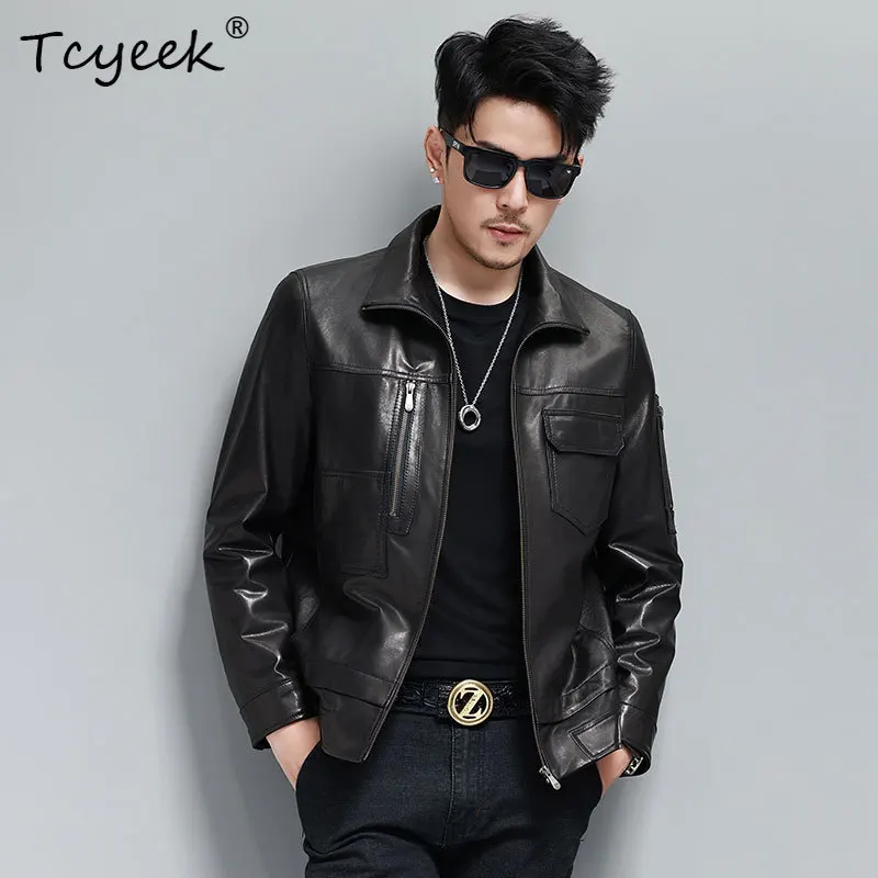 Tcyeek Real Leather Man Jackets Natural Goatskin Motocycle Jacket Autumn Mens Coats Trendy Casual Multi-pocket Casaco Masculino