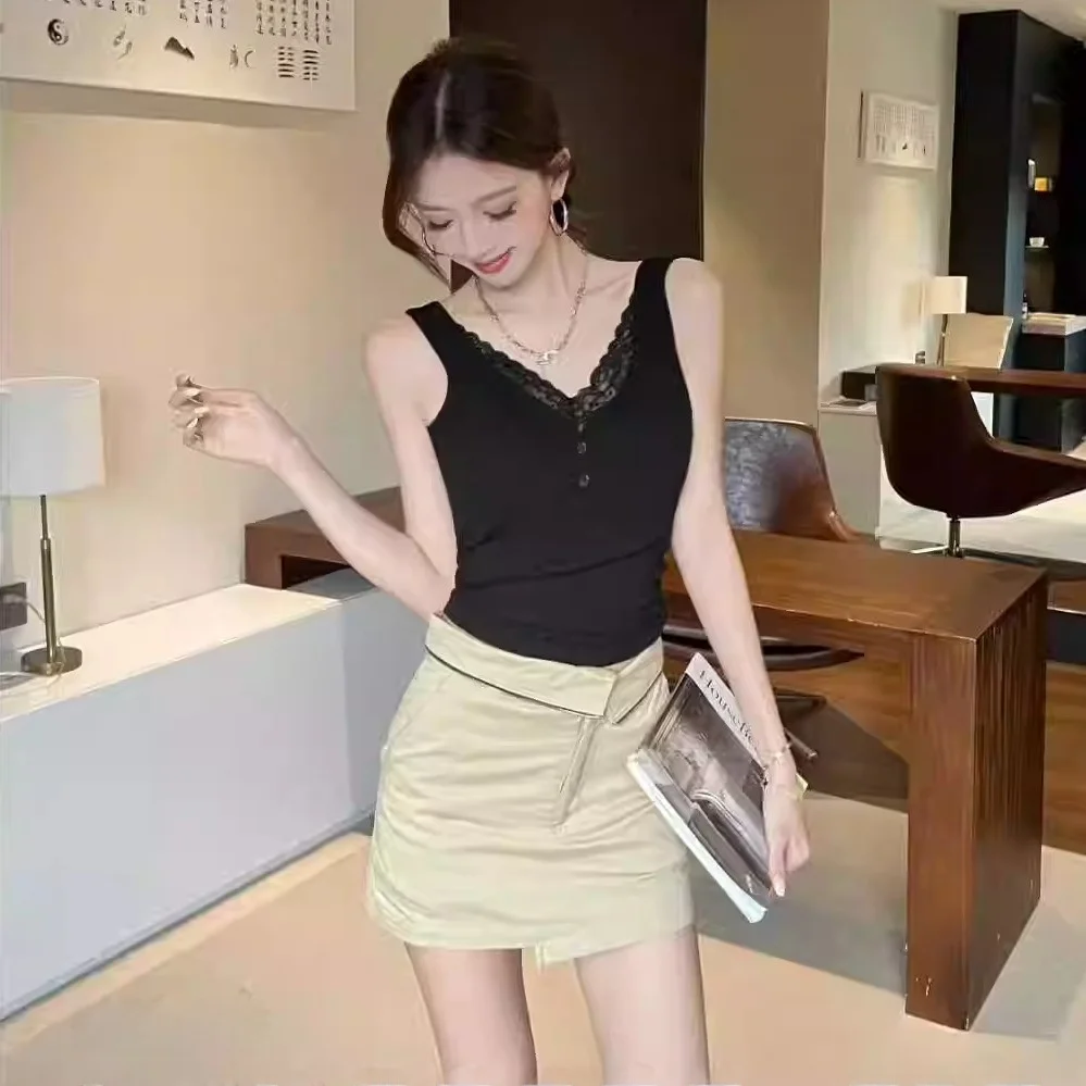 2025 New Pure Desire Lace Splice V-neck Women's Slim Fit Tank Top with Fixed Strap And Chest Pad Button Design Cotton Blend