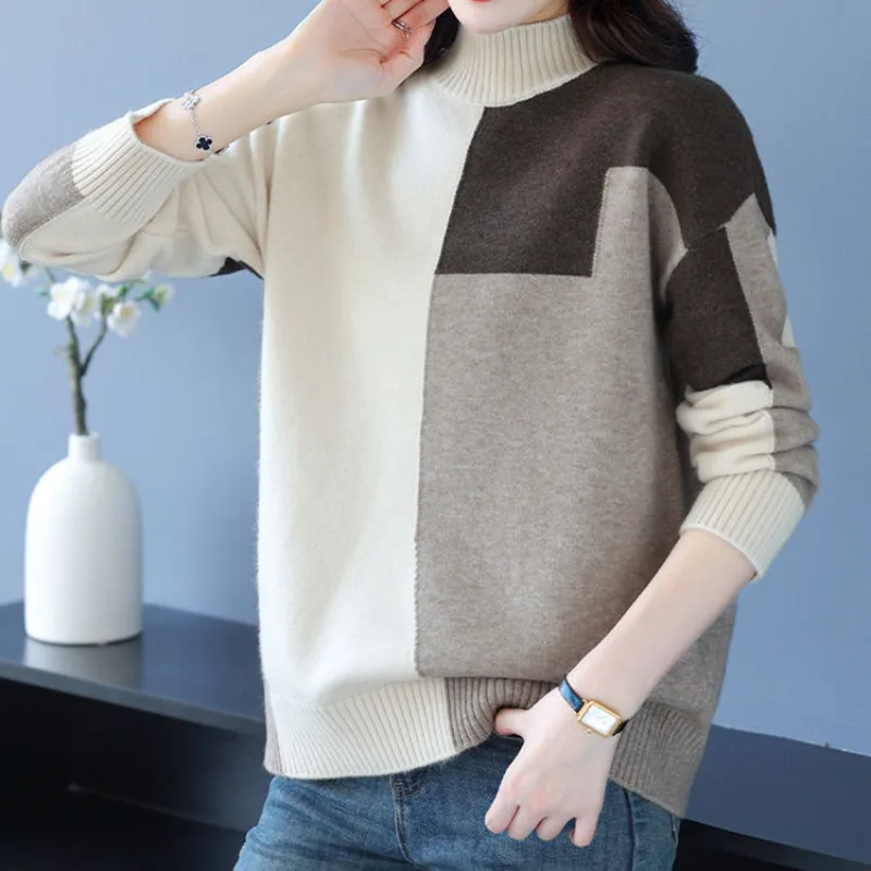 Women\'s Autumn Winter Pullover Turtleneck Contrast Screw Thread Long Sleeve Sweater Knitted Fashion Office Lady Undershirt Tops