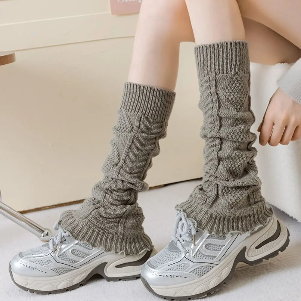 Lolita Knitted Knee Socks Vertical Stripe Stacked Leg Warmers Crochet Design Solid Color Foot Cover Socks For Women