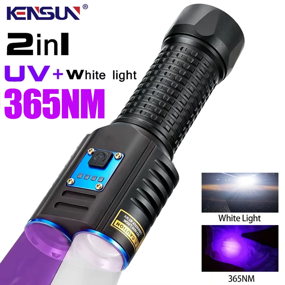 kensun-365nm-uv＋白色光搭載の高出力懐中電灯。365nm紫外線xhp50ライト。紙幣、鉱石、ペットの毛、染み、漏れ、マーカーの検出に。