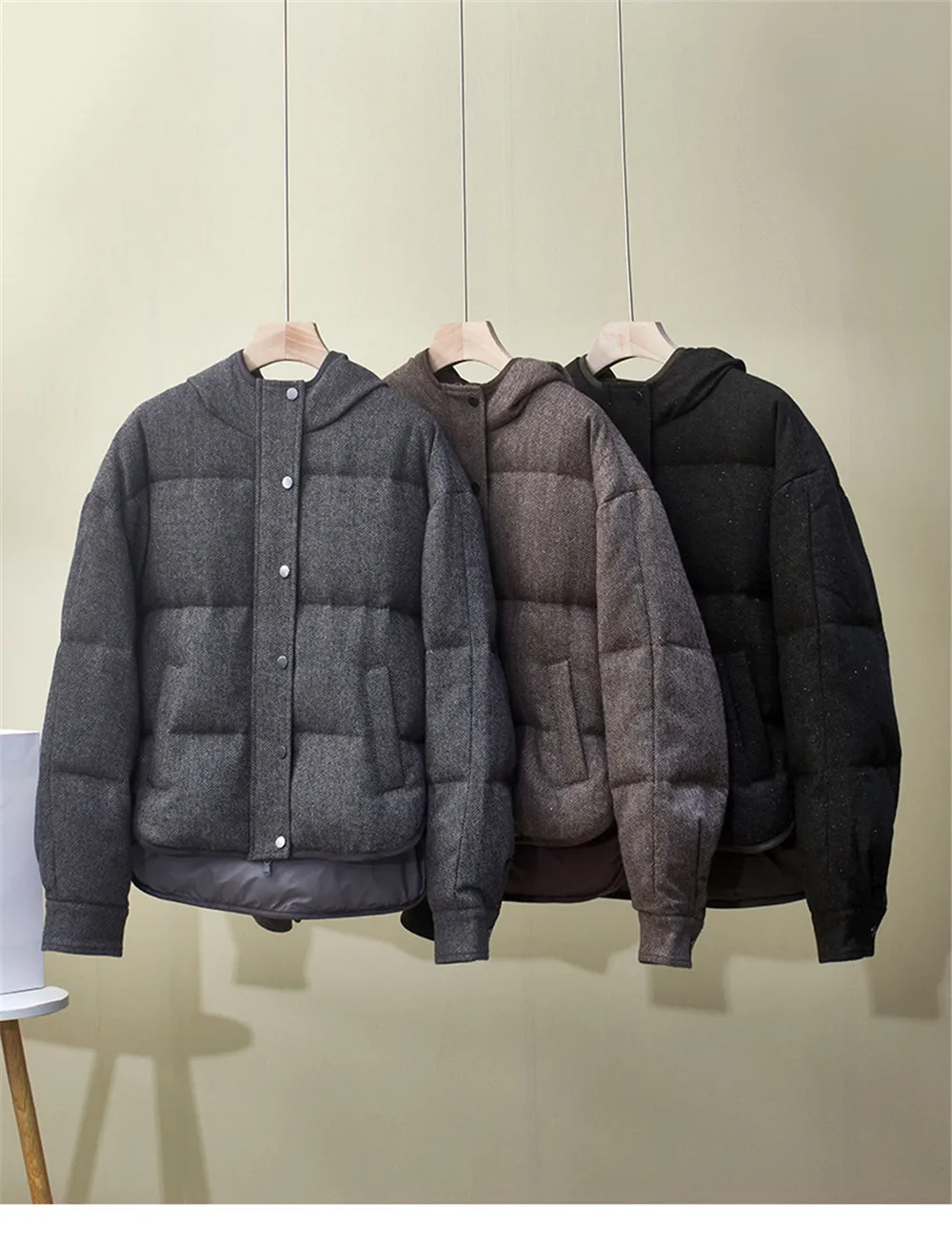 Winter Women's New Hooded Loose HerrinGbone Pattern Cardigan With Wool Splicing Goose Down Warm Down Jacket