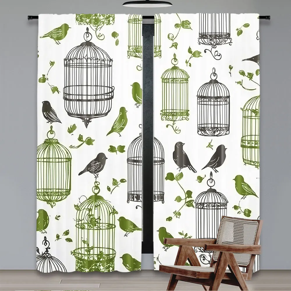 2Pcs Vintage Curtain Antique Birdcages On Ivy Leaf Love Couple Escape Freedom Suitable For Bedroom Bathroom Living Room Dining