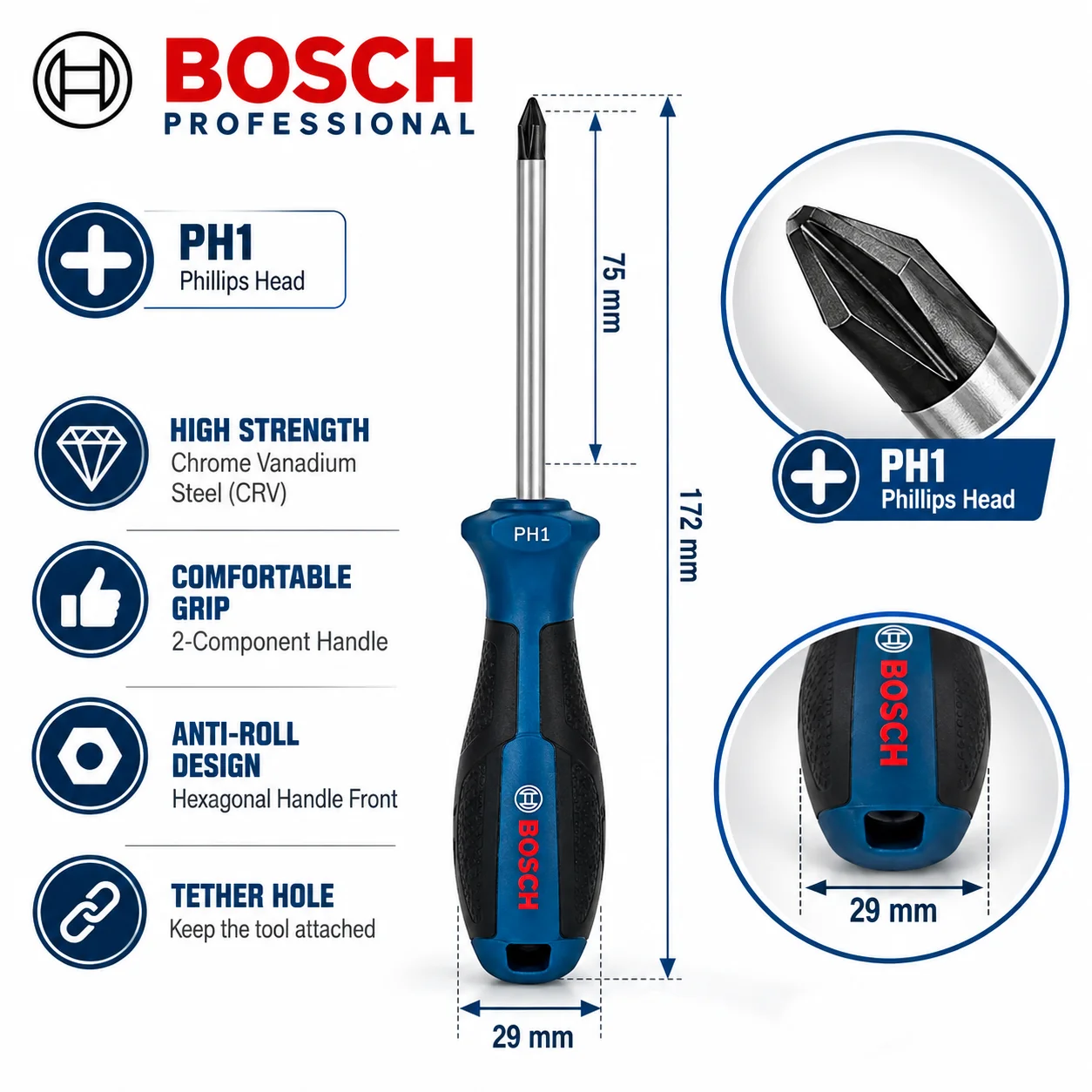 BOSCH Phillips Screwdriver PH1 PH2 Chrome Vanadium Steel Cross Head Screw Driver Soft Grip Anti Roll Hand Tool for Repair DIY