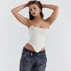 Off Shoulder White Crop Tops 2024 Summer Pearl Tassel Cami Women Elegant Satin Corset Tube Top Sexy Slim Clubwear Party Camisole