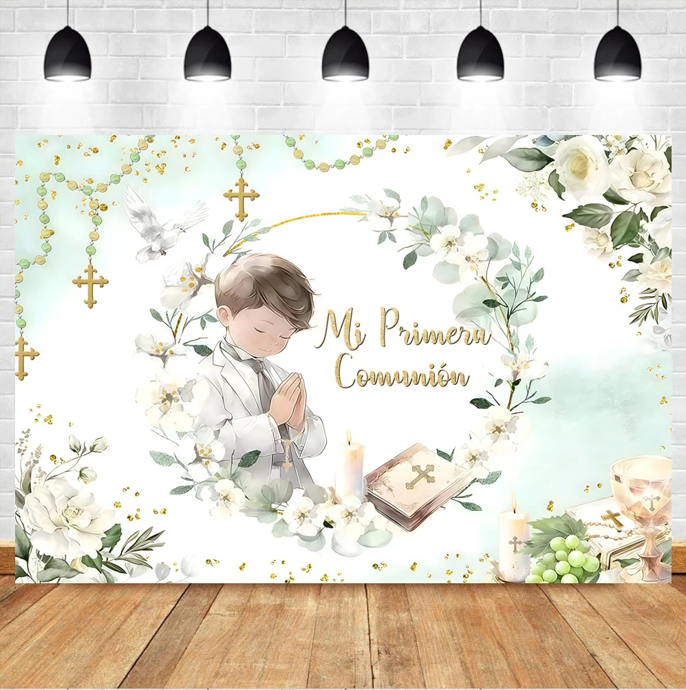 Boy Girl My First Holy Communion Background for Photographs Gold Cross Grail God Bless Baby Shower Kids Birthday Party Backdrops