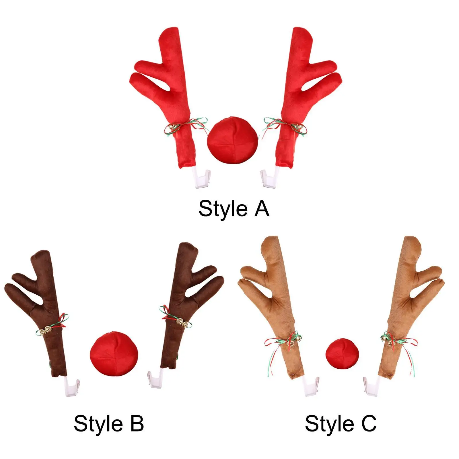 Car Reindeer Antlers and Red Nose Set Fabric Christmas Auto Accessory for SUV Truck Sedan Holiday Decoration