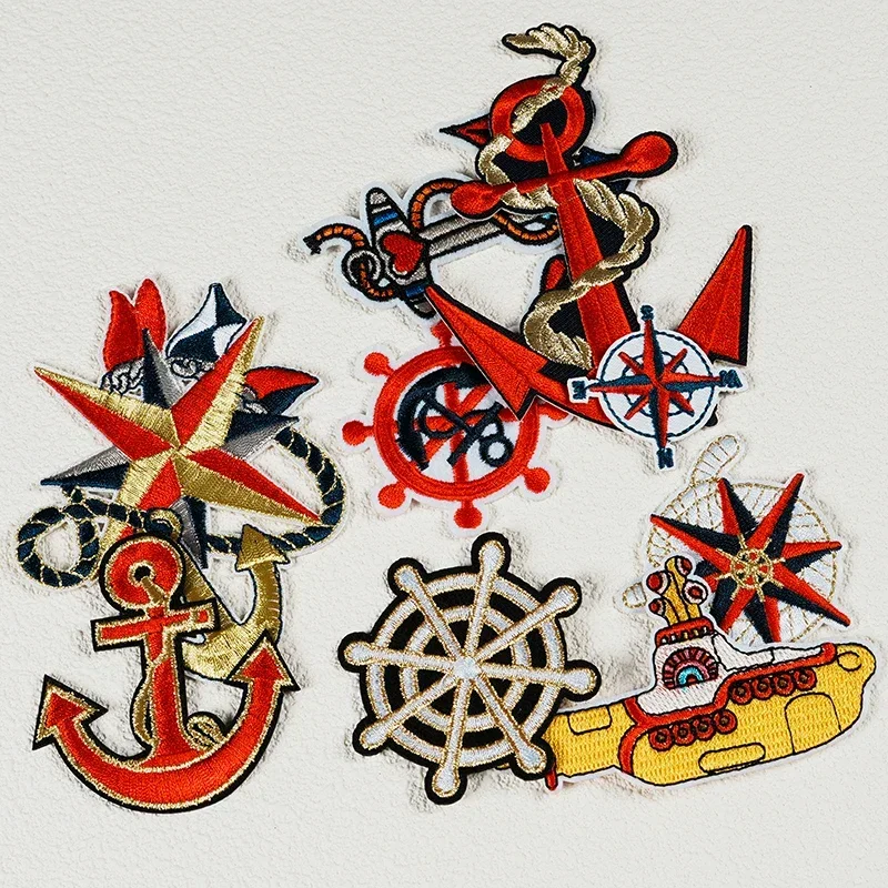 Navy style clothing and hat DIY decorative embroidery patch fashionable ship anchor logo Iron On badge compass patch