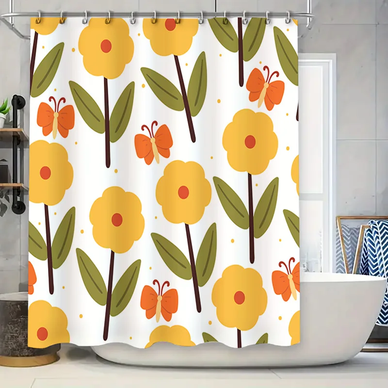 

Яркая цветочная занавеска для душа с дизайном бабочки для украшения ванной комнаты, водонепроницаемая тканевая подкладка в комплекте