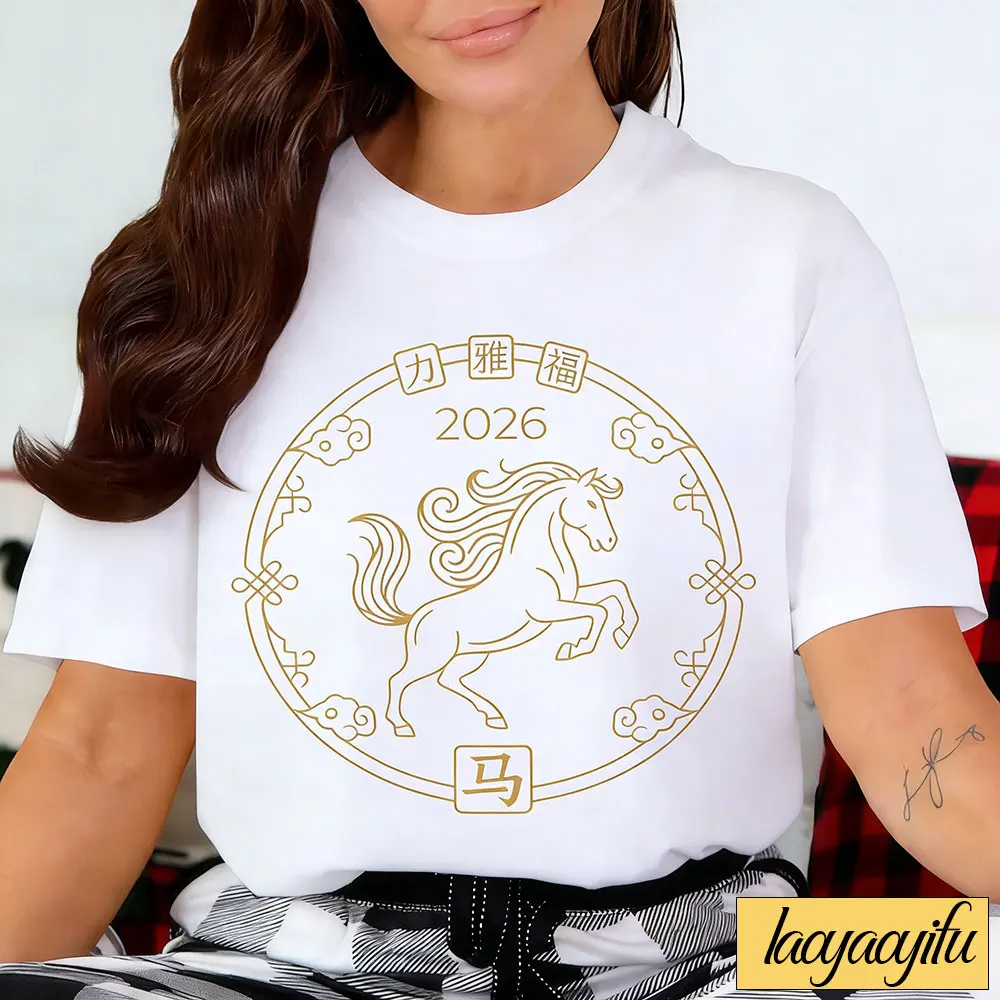 Year-of-The-Horse-2026-T-Shirt-Chinese-Zodiac-Lunar-Gold-Horse-Graphic-T-Shirts-Y2k-Top-Shirts-for-Women-Cotton-Tee-Tops-Shirts