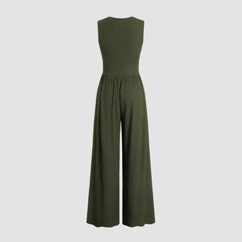 Women's Jumpsuit Elegant Solid Color Sexy Sleeveless Deep V-neck Pleated Elastic Waistband Loose Wide Legs Trousers Bodysuits