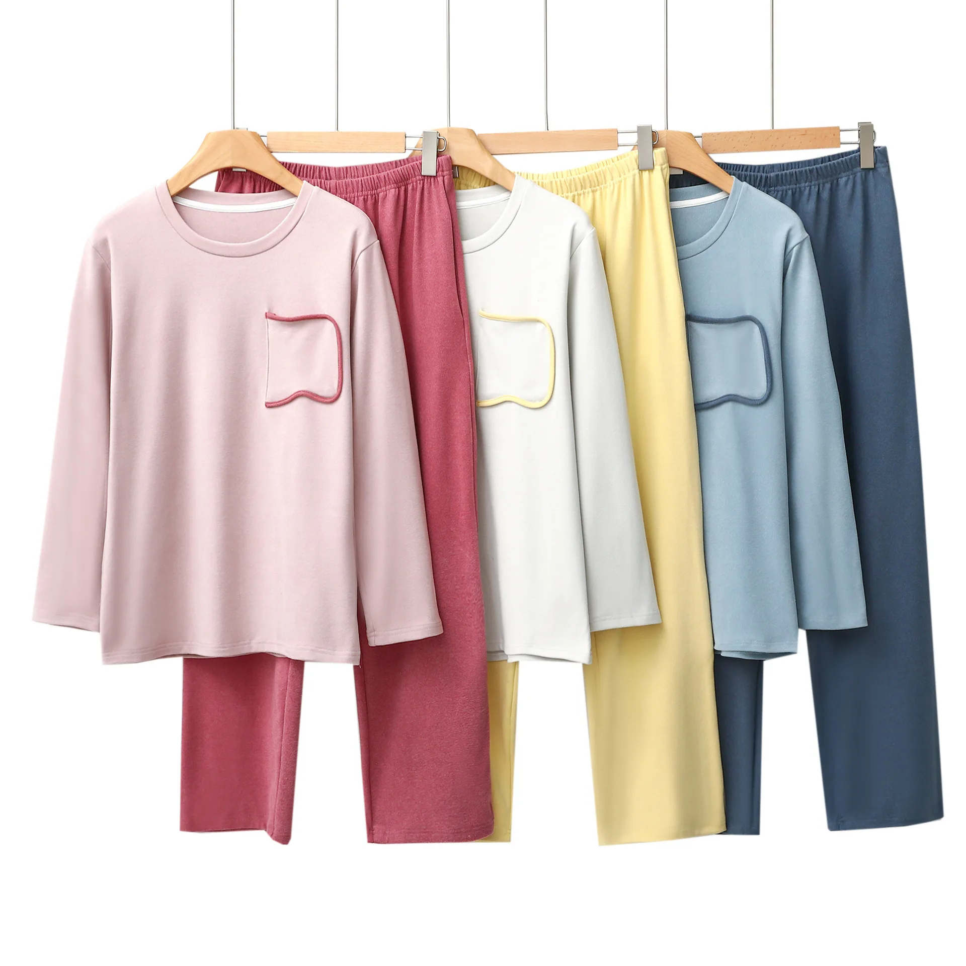 

Women's Pajamas Autumn And Winter New Style Hot Card Velvet Design Pocket Round Neck Contrast Home Pajamas Warm Set Women