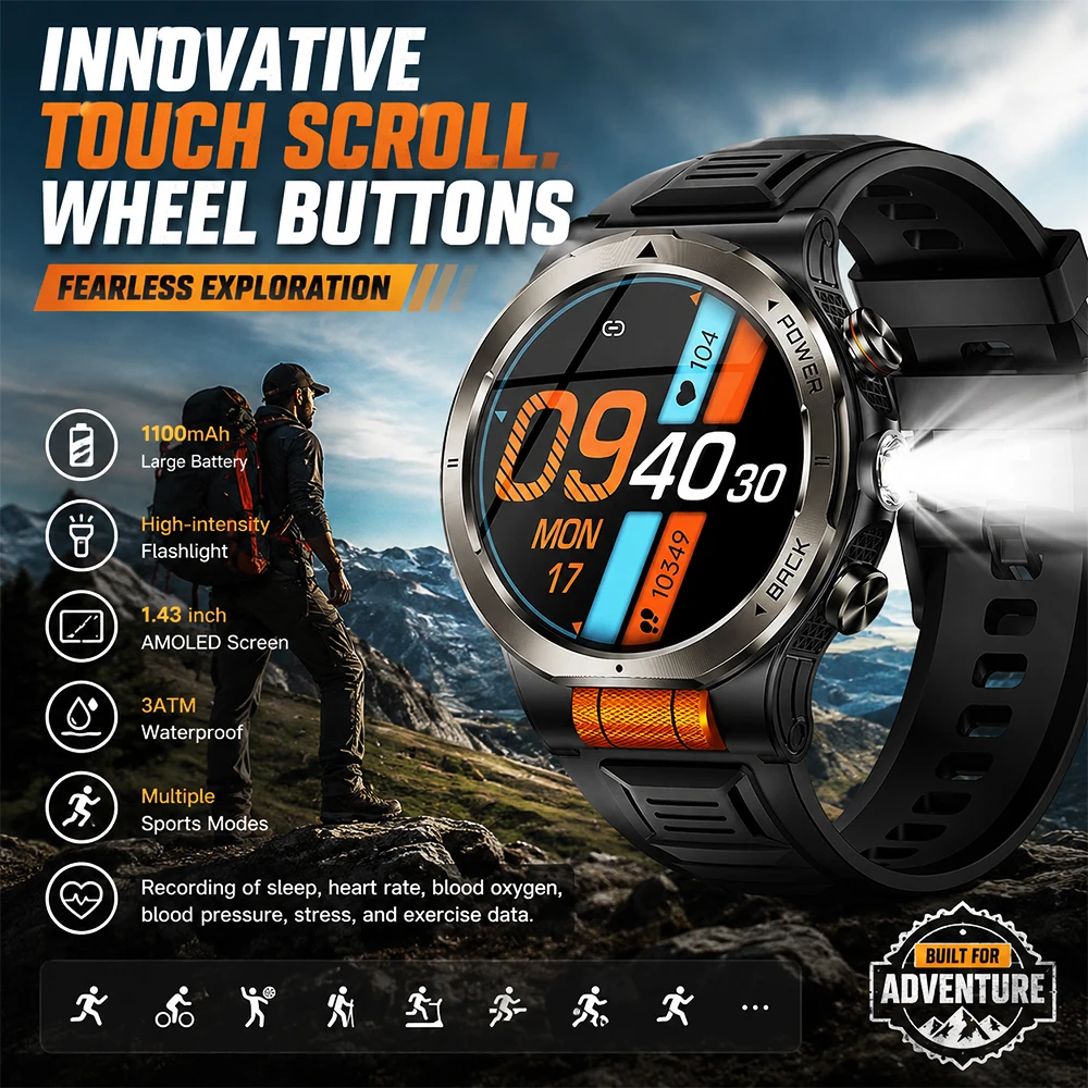 

1.43 inch AMOLED Smartwatch 466*466 Screen 1100mAh Big Battery Compass Sport Watch 3ATM Waterproof Heart Rate Fitness Tracker