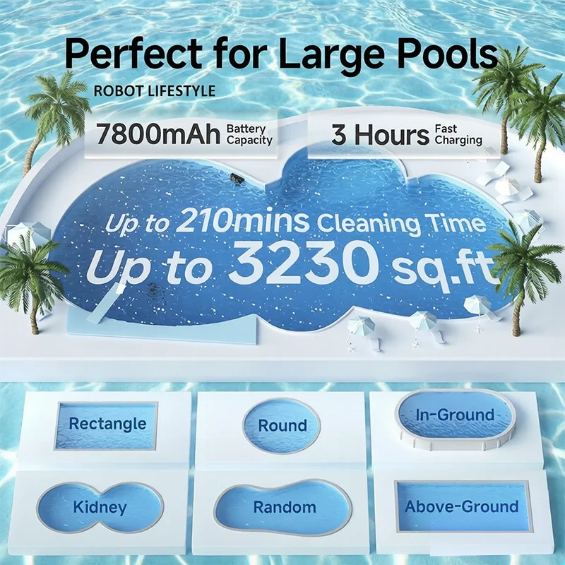 Wireless Pool Robot Vacuum Cleaner WYBOT S2 Wash Waterline Wall Floor Max 300㎡ Double Filtration 210 Mins Runtime Double Filters