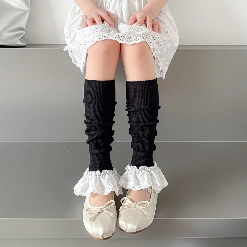 Girls' Lace and Lace Pile Socks Spring and Autumn Styles Combed Cotton White and Black Knitted Socks Princess Calf Socks