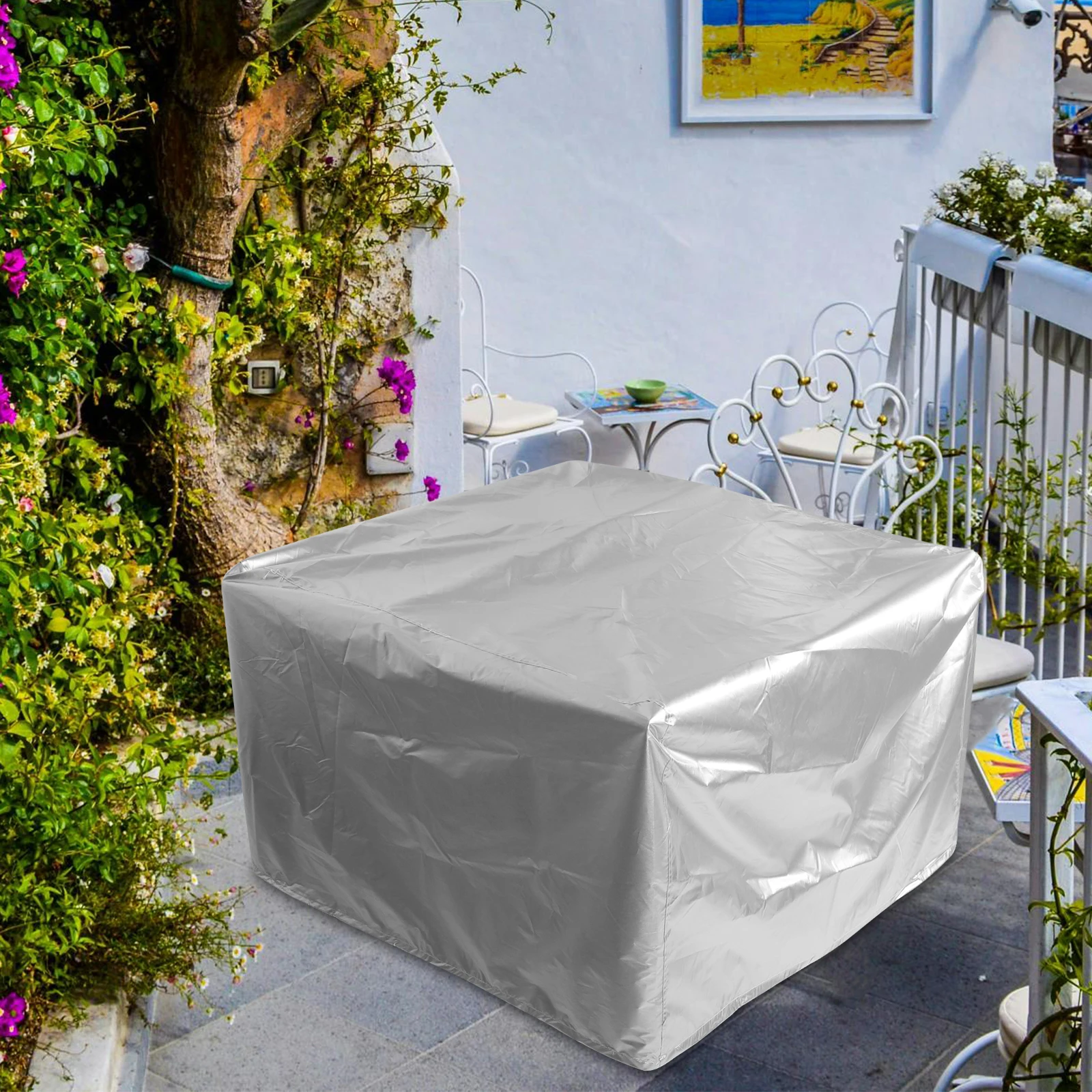 210D الفضة أكسفورد القماش أثاث خارجي غطاء 115x115x70 سنتيمتر مقاوم للماء الغبار حديقة الجدول كرسي حامي الباحة مجموعة يغطي
