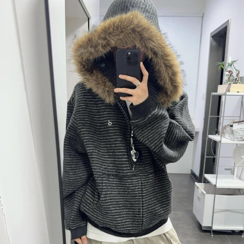 

Y2k American Retro Hooded Jacket Faux Fur Collar Long Sleeve Women Casual Zipper Striped Coat Vintage Streetwear 2025 Autumn