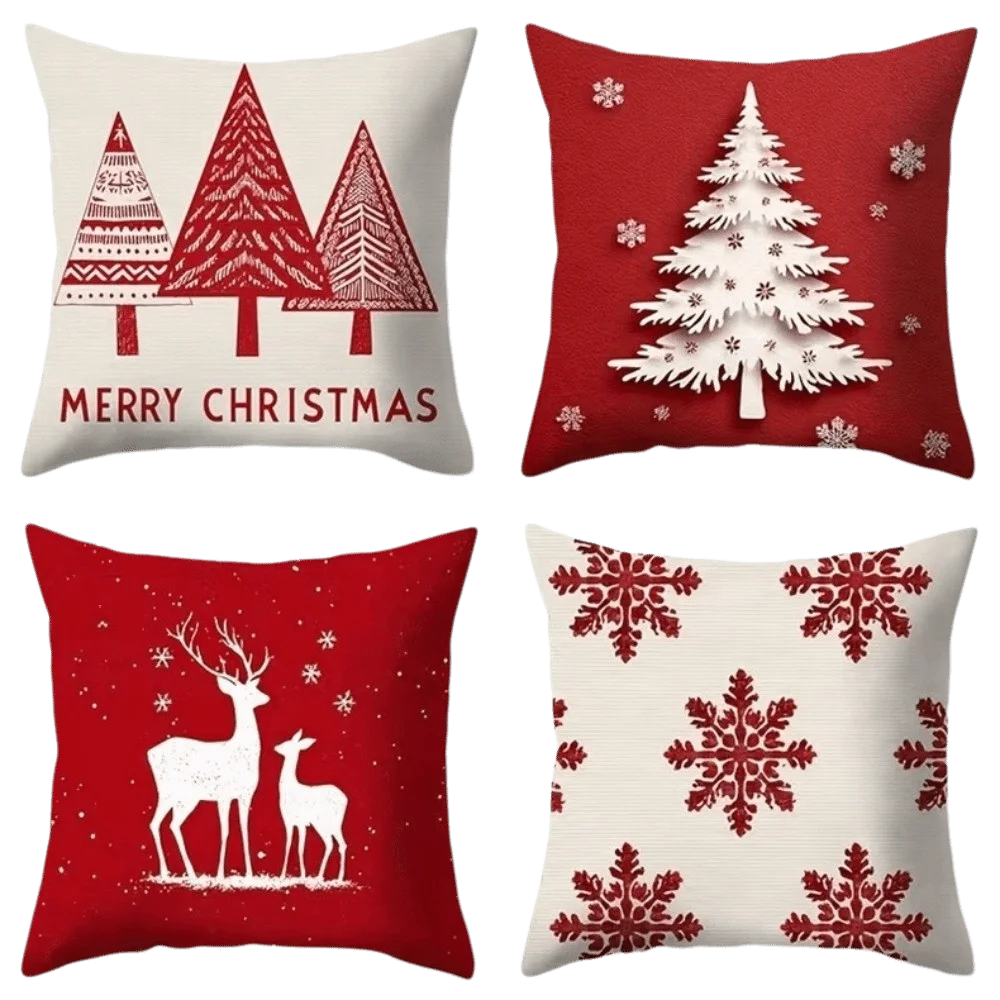 4PCS Reindeer Christmas Pillow Covers Pumpkin Tree Snowflake Xmas Pillowslip Dwarf 2D Flat Pattern Santa Pillow Cover Sofa