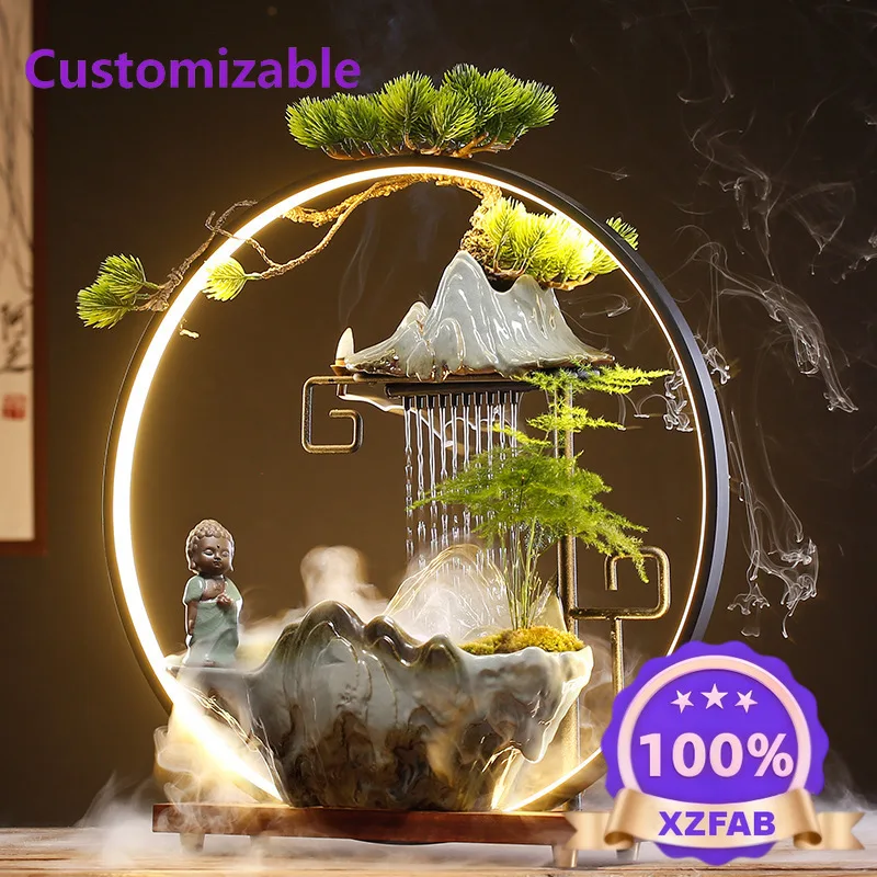 Factory Direct 2026 Humidifier Rockery Chinese Fountain Rain Curtain Lucky Living Room Office Creative Lucky Ornament