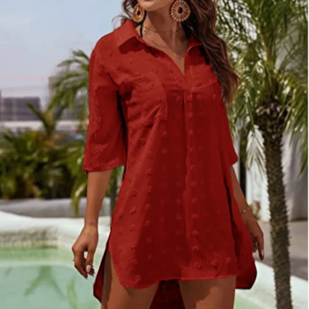 Autumn V-neck Solid Color Irregular Pullover Beach Dress For Women 2024 Chiffon Jacquard Loose Casual Cover Shirt Dress Femme