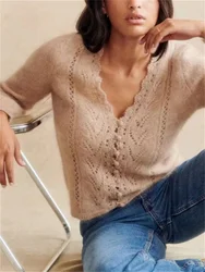 Fashion Women Solid Color Sweater Hollow Out Wearing On Both Sides V-Neck Single Breasted Casual Ladies Autumn New Cardigan