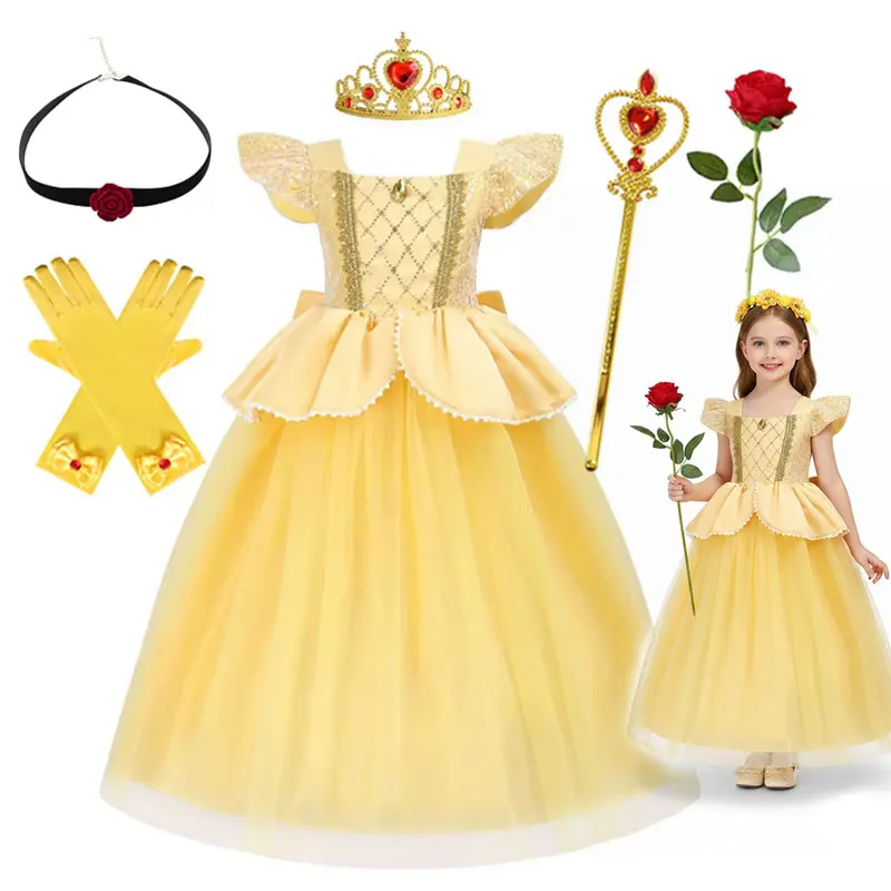 Mädchen Deluxe Belle Prinzessinnenkleid Elegantes Festliches Schleifenkleid aus Mesh Cosplay Die Schöne und das Biest Kostüm Ballkleid für Kinder Halloween
