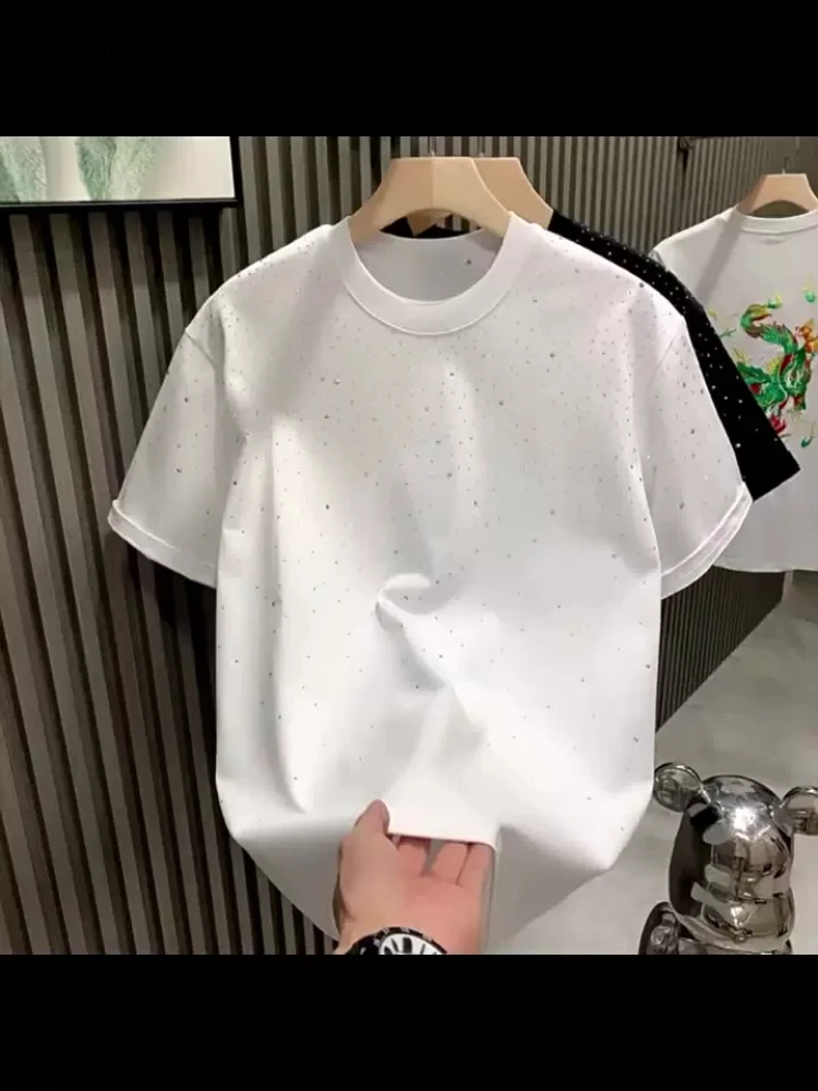 2024 Men's Summer High-End Fashion Trendy T-shirts Rhinestone Round Neck Short Sleeve Men's T-shirt Solid Color Handsome T-shirt