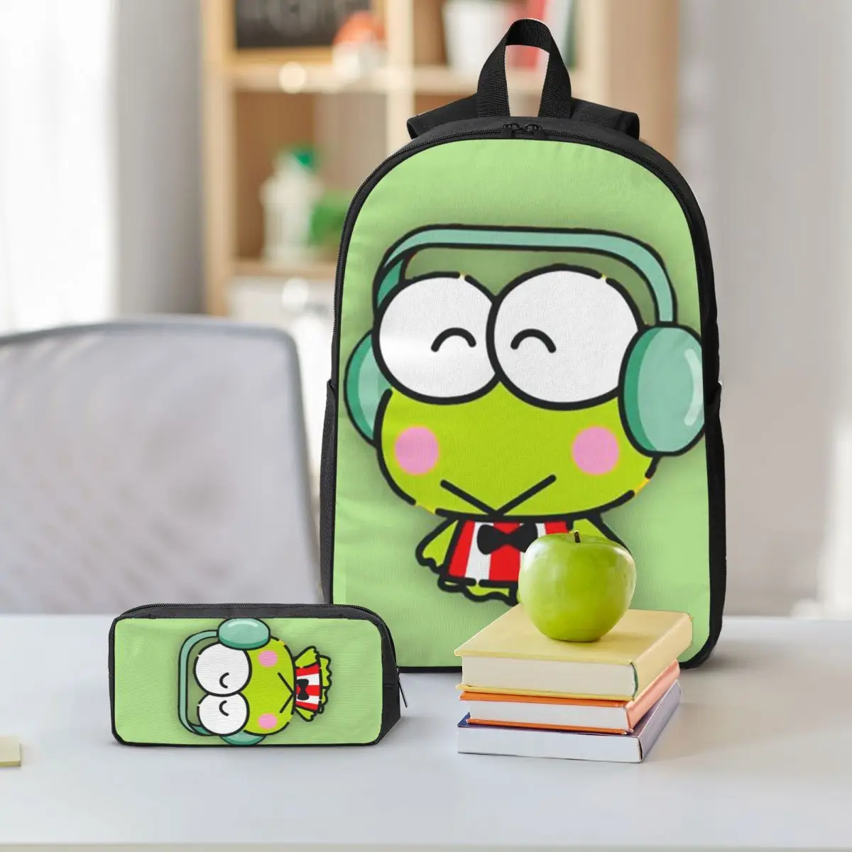 Keroppi كبير العينين الضفدع الكرتون على ظهره بنين بنات BookBag حقيبة مدرسية كمبيوتر محمول حقائب كتف 3ps معزول حقيبة الغداء مقلمة