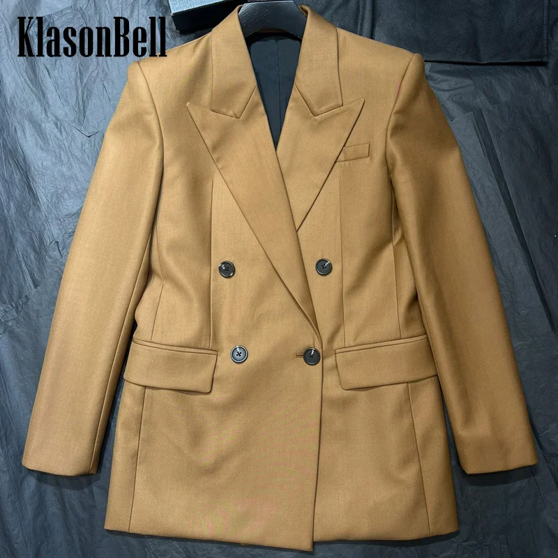 

8.2 KlasonBell Women Fashion Temperament Celebrity Same Double Breasted Blazer Wool Blend Shoulder Pads Pocket Casual Jacket