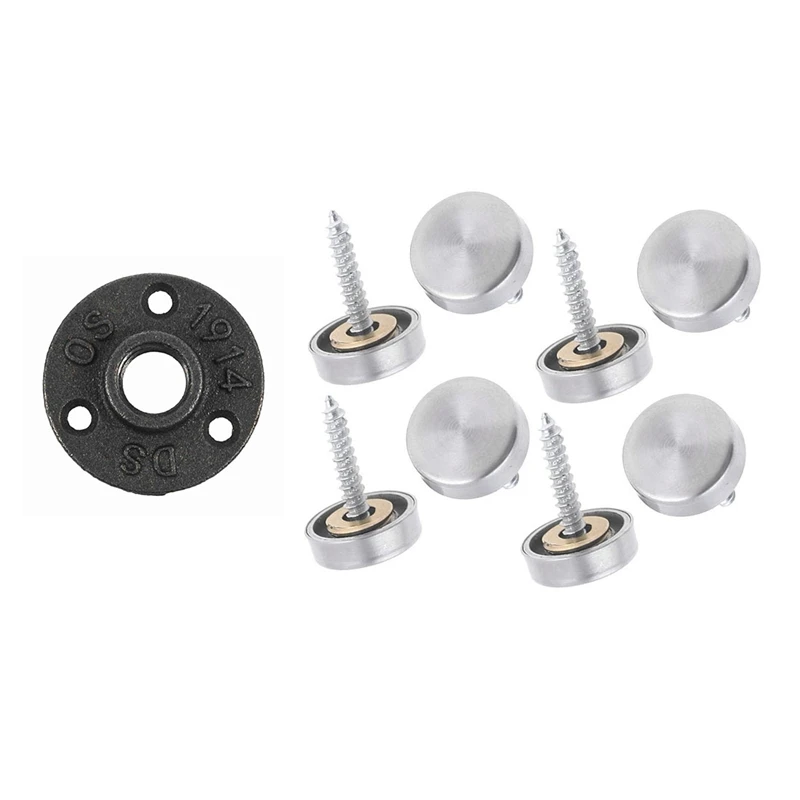 16 Mm Stainless Steel Mirror Nails Screw Cap 8 Pcs With 1/2 Inch Black Cast Iron Pipe Fittings Floor Flange BSP Threaded