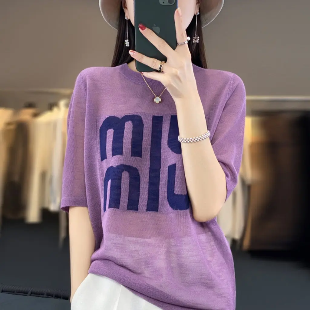 

Korean Fashion Women's Short-Sleeved T-shirt Letter Knitted Summer New Cool Breathable Ice Silk Top All-Match