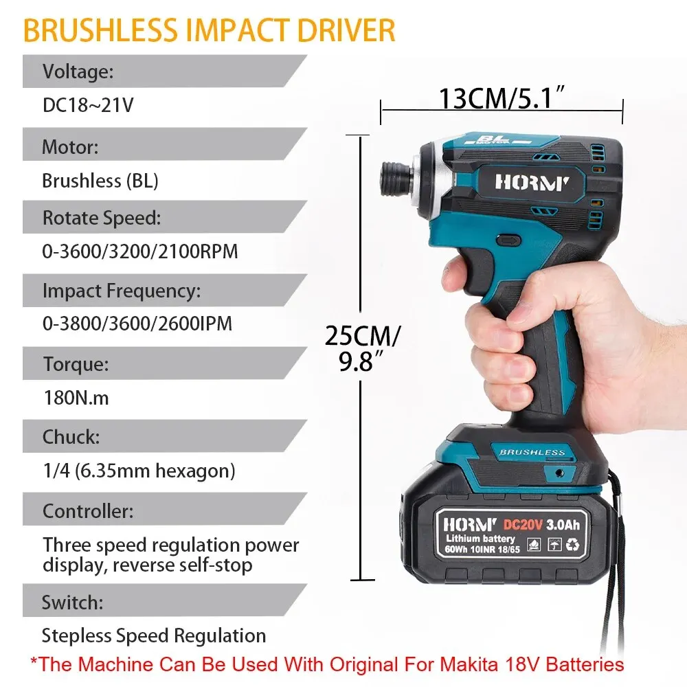 Hormy Brushless 1/4in Electric Screwdriver Cordless LED Light Impact Driver Drill For Makita 18V Single Battery Powered Tool Kit