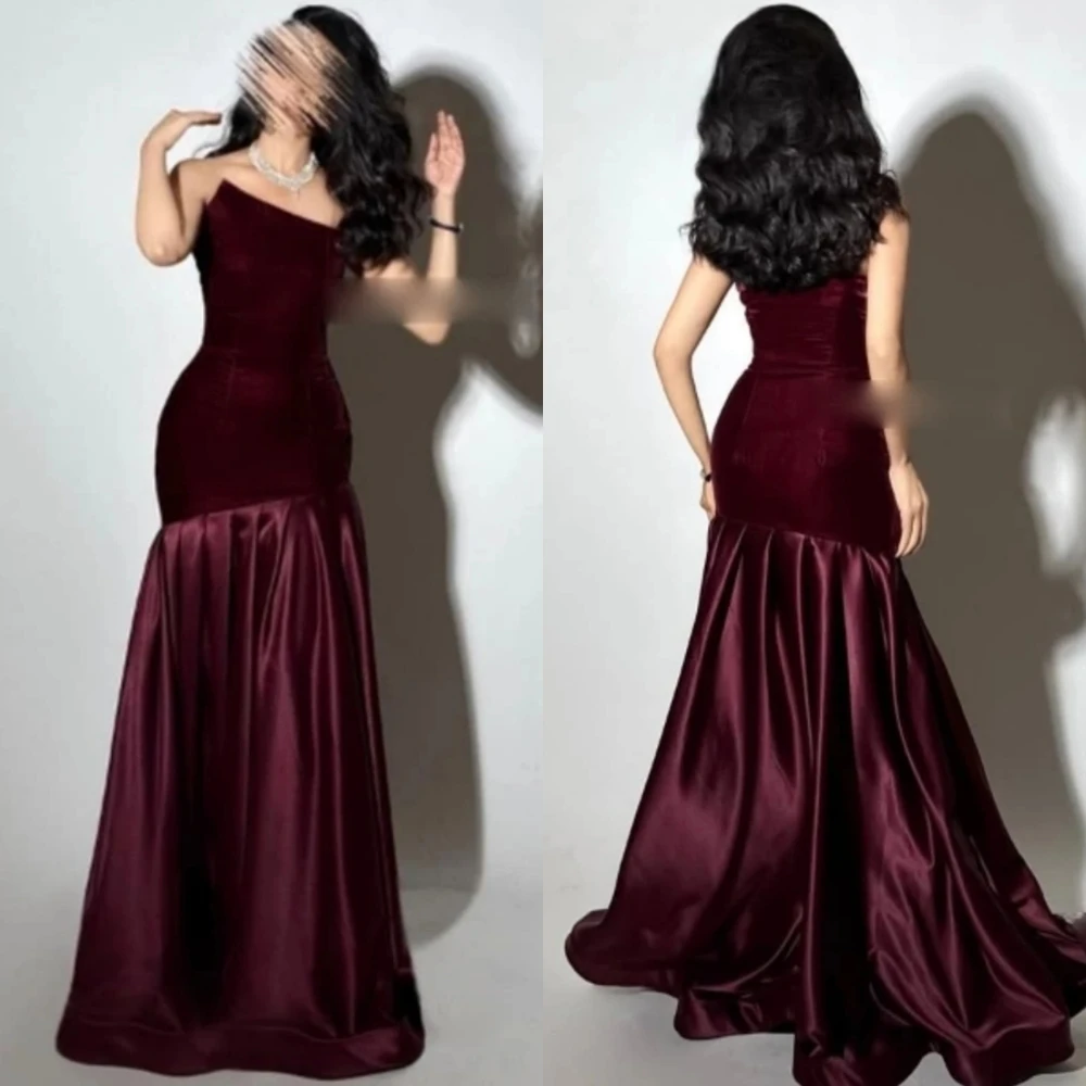 

Customized Elegant Burgundy Satin Evening Dress Classic Strapless Sleeveless Prom Dress Soft Mermaid Sweep Train Celebrity Gowns