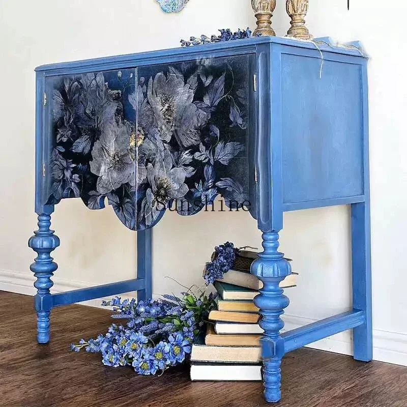 French retro porch solid wood carving flower living room art storage chest  FT