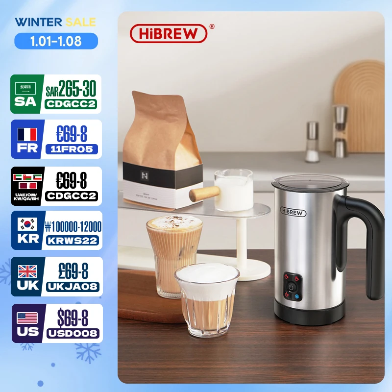 HiBREW 4 in 1 Milk Frother Frothing Foamer Fully automatic Milk Warmer Cold/Hot Latte Cappuccino Chocolate Protein powder M3A