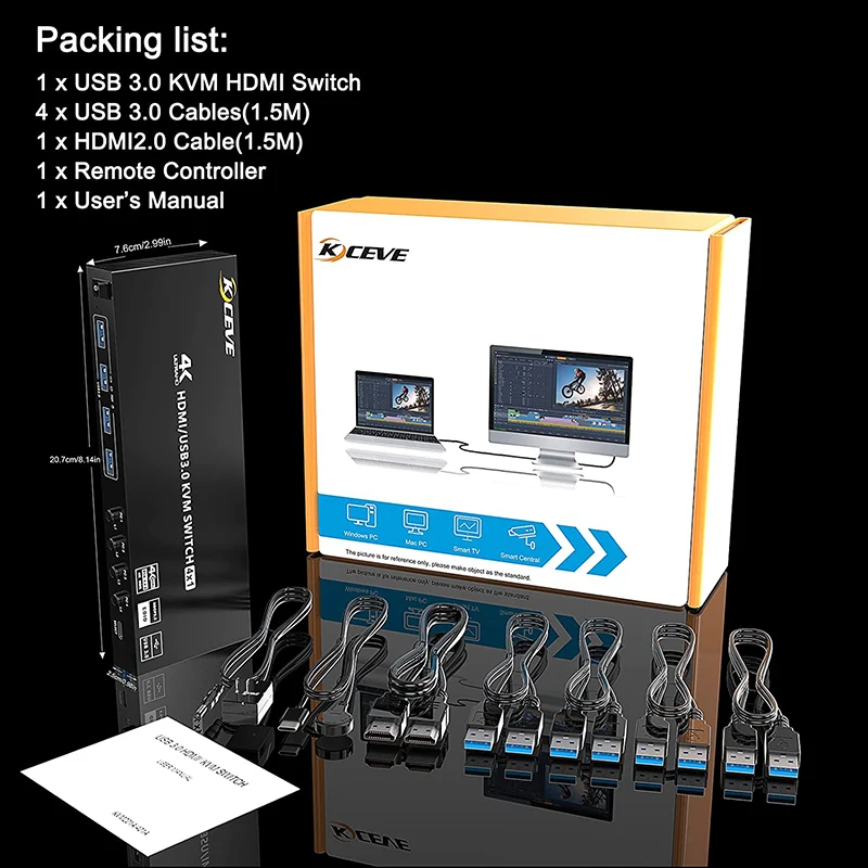 Multi Função 4K Switch Compatível com HDMI, USB 3.0, KVM, Compartilhar Dispositivo, Plug and Play, Divisor USB, Controlador Síncrono de Jogos