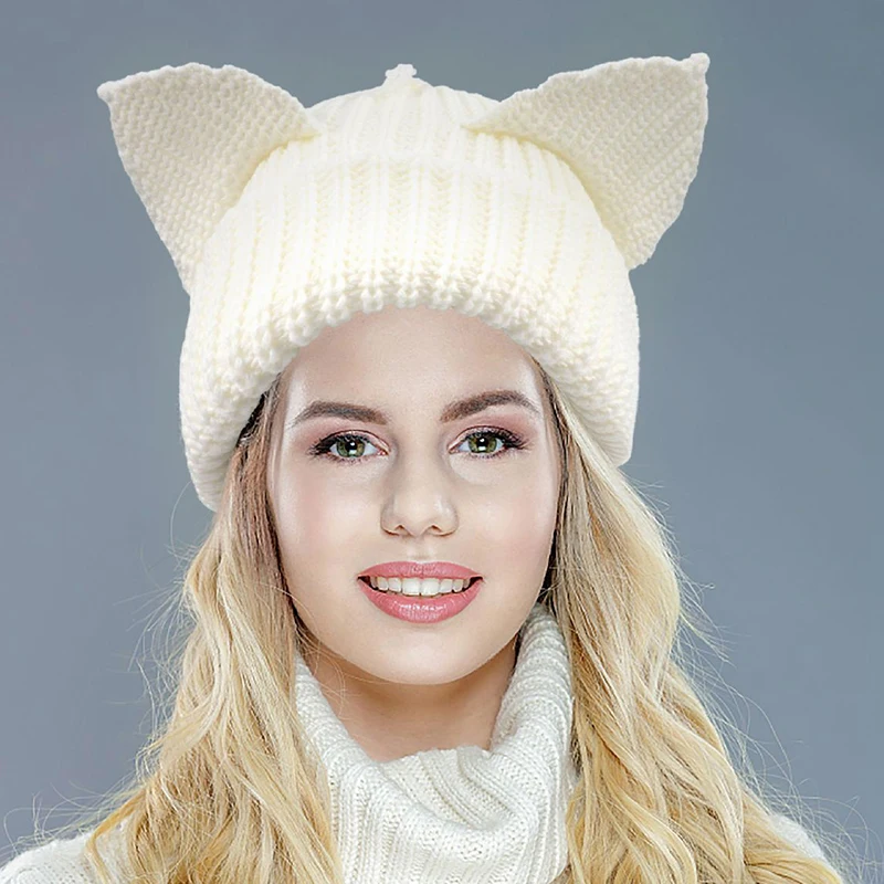 Women Cat Ear Knit Hat Little Devil Striped Knitted Hat Autumn Winter Thicken Warm Beanie Cap Harajuku Soft Crochet Basin Cap